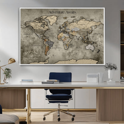 72658967-MGV-CV-36X24-Personalized World Map Wall Art – Adventure Awaits Rustic Sepia Travel Map with Custom Names, Vintage Wall Decor for Couples, Home