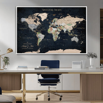 15547583-MGV-CV-36X24-Personalized World Map Wall Art – Rustic Navy Adventure Awaits Travel Map with Custom Couple Names, Vintage Wall Decor for Home or