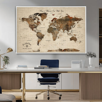 48225643-MGV-CV-36X24-Personalized World Map Wall Art – Rustic Vintage Adventure Travel Map with Custom Couple Names, Romantic Wall Decor for Home or