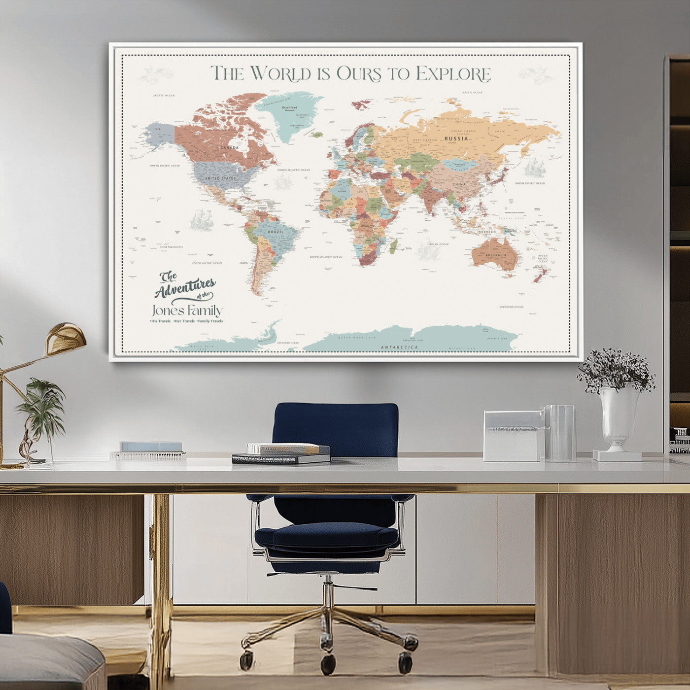 69180591-MGV-CV-36X24-Personalized World Map Wall Art – Rustic Vintage Adventure Travel Map with Custom Family Names, Unique Wall Decor for Couples,