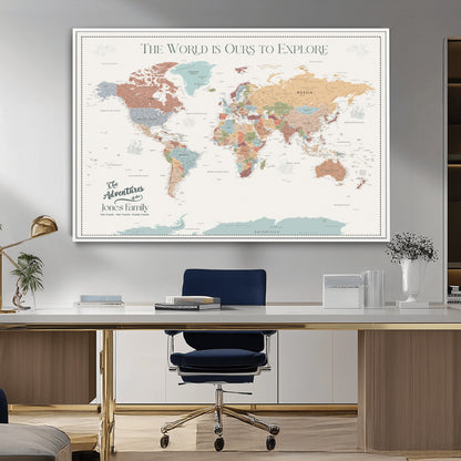 69180591-MGV-CV-36X24-Personalized World Map Wall Art – Rustic Vintage Adventure Travel Map with Custom Family Names, Unique Wall Decor for Couples,