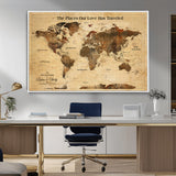 50680593-MGV-CV-36X24-Personalized World Map Wall Art – Rustic Brown Adventure Travel Map with Custom Names, Elegant Push Pin Canvas for Couples Home,