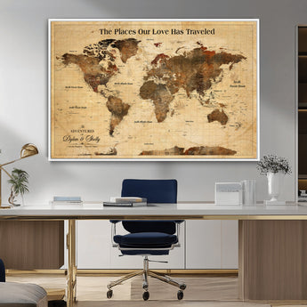 50680593-MGV-CV-36X24-Personalized World Map Wall Art – Rustic Brown Adventure Travel Map with Custom Names, Elegant Push Pin Canvas for Couples Home,
