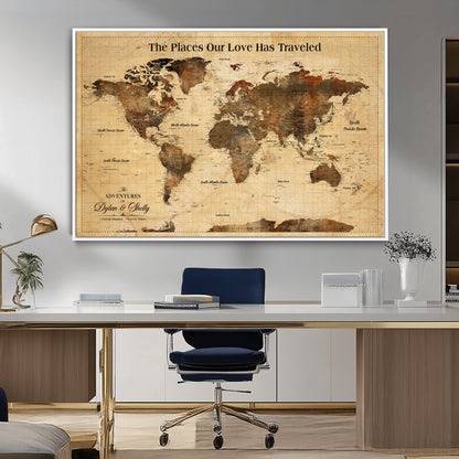 50680593-MGV-CV-36X24-Personalized World Map Wall Art – Rustic Brown Adventure Travel Map with Custom Names, Elegant Push Pin Canvas for Couples Home,