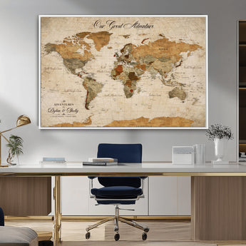 91961147-MGV-CV-36X24-Personalized World Map Wall Art – Vintage Sepia Adventure Travel Map with Custom Couple Names, Rustic Wall Decor for Home, Couples