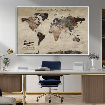 78610079-MGV-FC-36X24_White-Personalized World Map Wall Art – Vintage Rustic Travel Map with Custom Family Name, Adventure Wall Decor for Home, Family Gift or