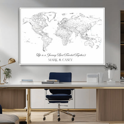43438578-MGV-CV-36X24-Personalized World Map Wall Art – Black and White Minimal Travel Map with Custom Names, Elegant Wall Decor for Couples, Wedding or