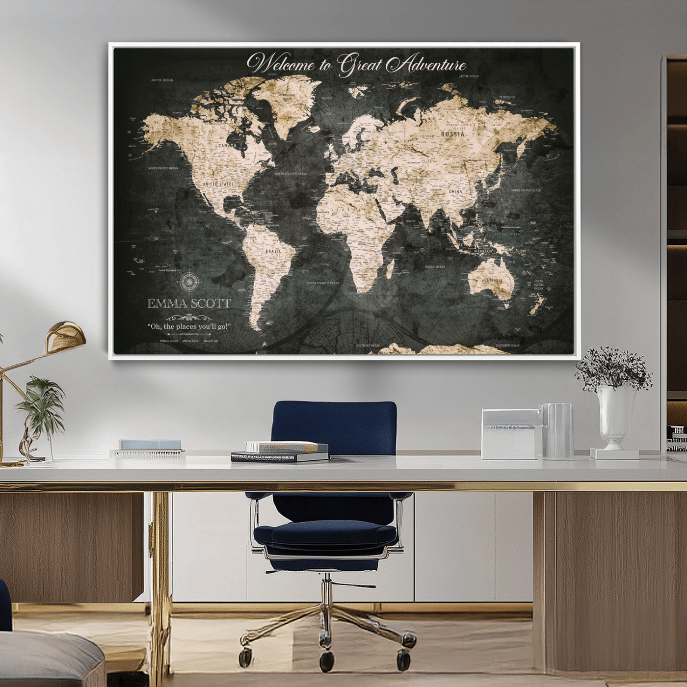 70534097-MGV-CV-36X24-Personalized World Map Wall Art – Dark Vintage Adventure Style Travel Map with Custom Names, Unique Wall Decor for Couples, Home