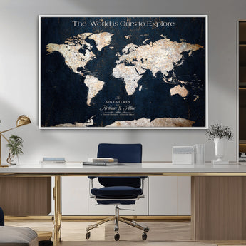 13231361-MGV-CV-36X24-Personalized World Map Wall Art – Navy Blue Vintage Adventure Travel Map with Custom Names, Elegant Push Pin Canvas for Couples