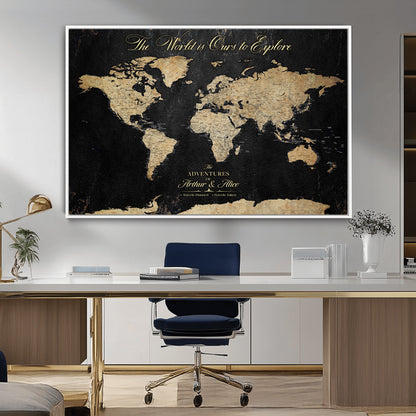 98947257-MGV-CV-36X24-Personalized World Map Wall Art – Vintage Black Adventure Travel Map with Custom Names, Elegant Push Pin Canvas for Couples Home