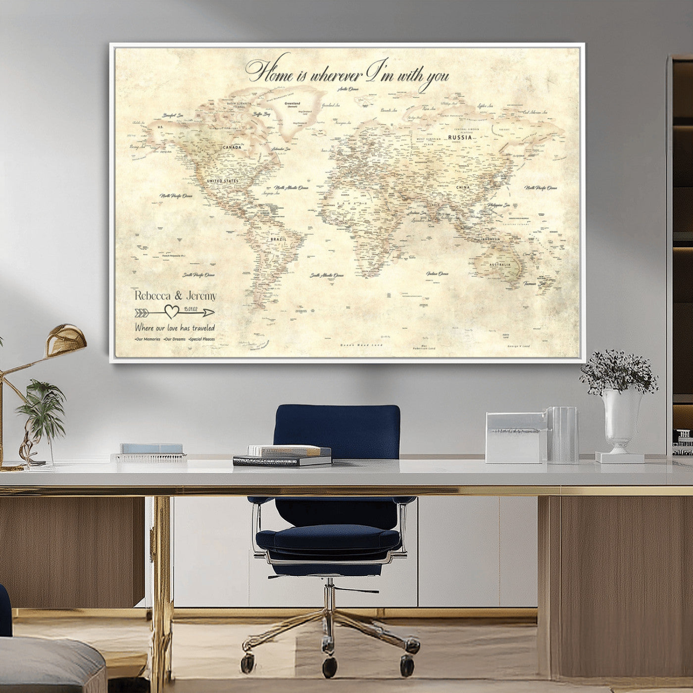 57950315-MGV-CV-36X24-Personalized World Map Wall Art – Vintage Beige Travel Map with Custom Names, Romantic Anniversary Gift for Couples, Adventure