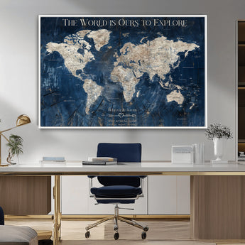16933330-MGV-FC-36X24_White-Personalized World Map Wall Art – Navy Blue Vintage Travel Map with Custom Names, Anniversary Gift for Couples Romantic Adventure
