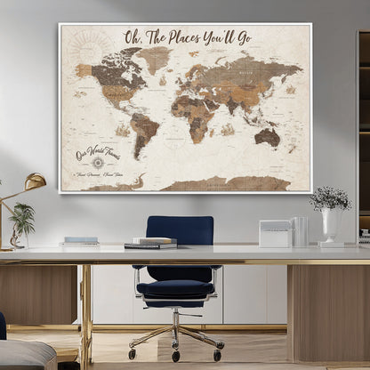 14140137-MGV-CV-36X24-Personalized World Map Wall Art – Vintage Nautical Adventure Map with Ships and Compass, Rustic Sepia Tones for Travel Lovers and