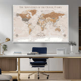 34289723-MGV-CV-36X24-Personalized World Map Wall Art – Elegant Beige and Brown Adventure Map Canvas Print for Family Home, Living Room, Study or Office