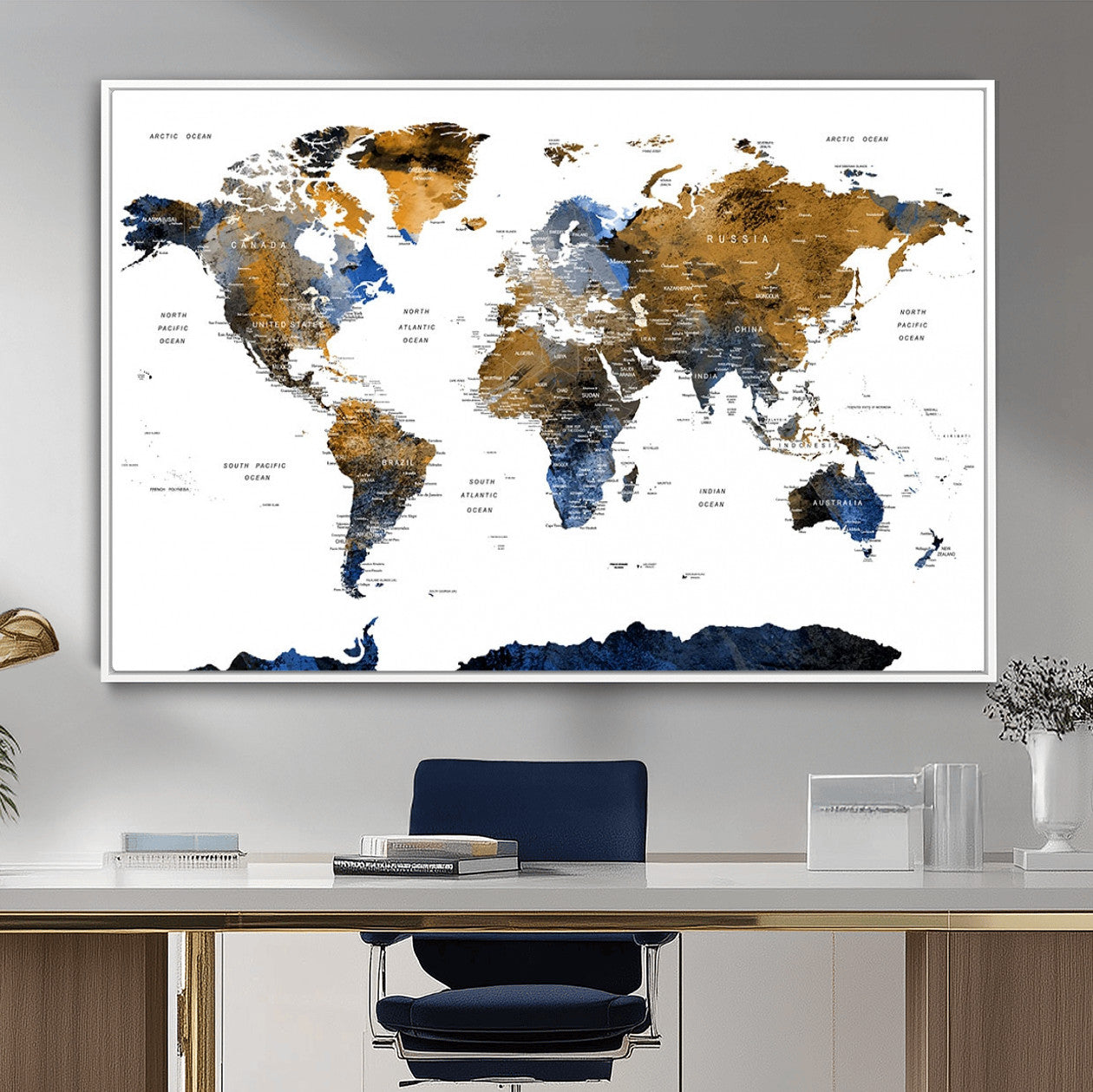 MGV-FC-36X24 - World Map Wall Art Canvas Print, Framed Blue Gold Map Art Picture Print, Rustic Atlas Perfect Rustic Modern Decor Artwork