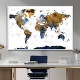 MGV-FC-36X24 - World Map Wall Art Canvas Print, Framed Blue Gold Map Art Picture Print, Rustic Atlas Perfect Rustic Modern Decor Artwork