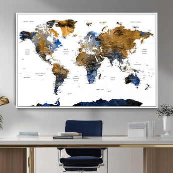 MGV-FC-36X24 - World Map Wall Art Canvas Print, Framed Blue Gold Map Art Picture Print, Rustic Atlas Perfect Rustic Modern Decor Artwork