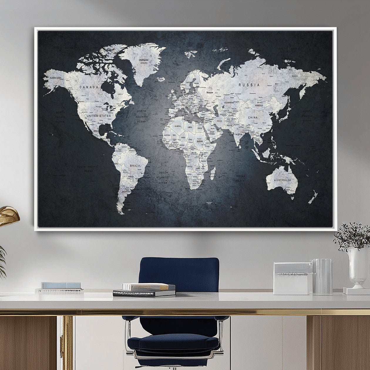 MGV-FC-36X24 - Monochrome World Map Wall Art Canvas Print, Framed Minimalist Map Art Picture Print, Modern Atlas Perfect Modern Minimalist Decor Artwork