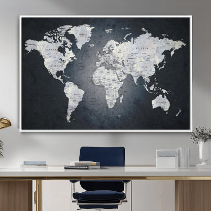 MGV-FC-36X24 - Monochrome World Map Wall Art Canvas Print, Framed Minimalist Map Art Picture Print, Modern Atlas Perfect Modern Minimalist Decor Artwork