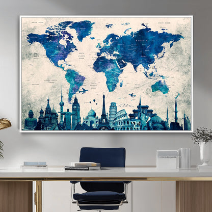 MGV-FC-36X24 - Blue World Map Wall Art Canvas Print, Framed Iconic Landmarks Art Picture Print, Blue Globe Map Perfect Elegant Explorer Decor Artwork