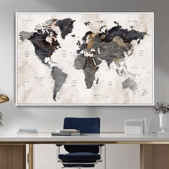 MGV-FC-36X24 - World Map Wall Art Canvas Print, Framed Rustic Map Art Picture Print, Antique Map Perfect Rustic Explorer Decor Artwork