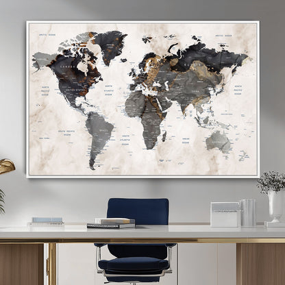 MGV-FC-36X24 - World Map Wall Art Canvas Print, Framed Rustic Map Art Picture Print, Antique Map Perfect Rustic Explorer Decor Artwork