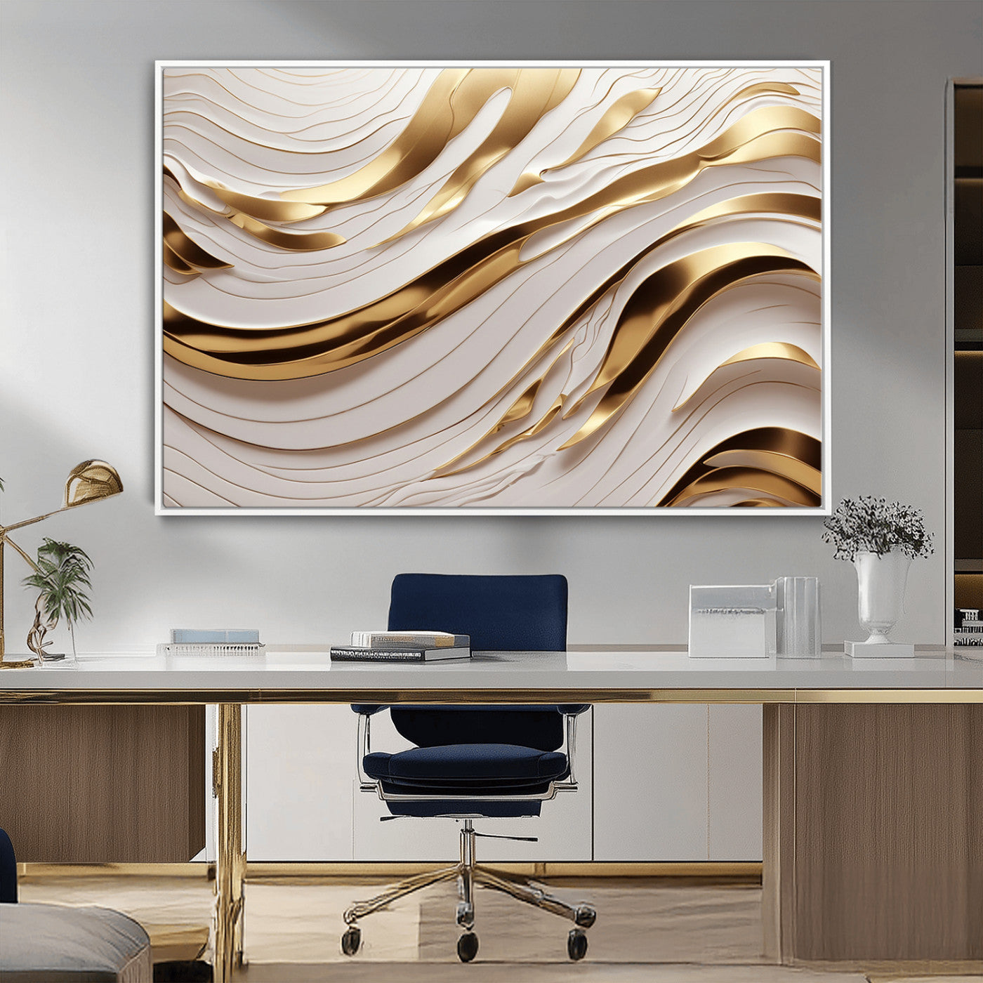 41237-MGV-CV-36X24-Gold Waves Wall Art Canvas Print, Framed Elegant Flow Art Picture Print, Luxury Layers Perfect Minimal Luxe Decor Artwork