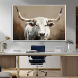 63550-MGV-CV-36X24-Texas Longhorn Wall Art Canvas Print, Framed White Bull Art Picture Print, Horned Cattle Perfect Rustic Western Decor Artwork