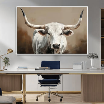 63550-MGV-CV-36X24-Texas Longhorn Wall Art Canvas Print, Framed White Bull Art Picture Print, Horned Cattle Perfect Rustic Western Decor Artwork