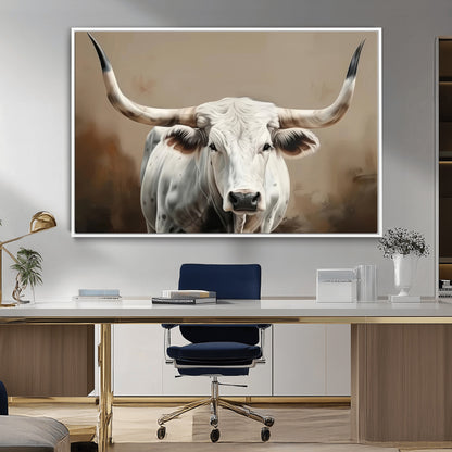 63550-MGV-CV-36X24-Texas Longhorn Wall Art Canvas Print, Framed White Bull Art Picture Print, Horned Cattle Perfect Rustic Western Decor Artwork