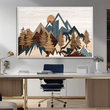 80300-MGV-CV-36X24-Geometric Mountains Wall Art Canvas Print, Framed Stylized Trees Art Picture Print, Graphic Forest Perfect Rustic Abstract Decor