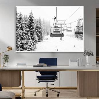 49274-MGV-CV-36X24-Snowy Forest Wall Art Canvas Print, Framed Ski Lift Art Picture Print, Mountain Snow Perfect Minimal Winter Lodge Decor Artwork