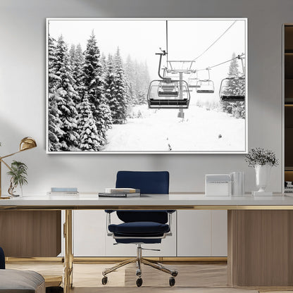 49274-MGV-FC-36X24_White-Snowy Forest Wall Art Canvas Print, Framed Ski Lift Art Picture Print, Mountain Snow Perfect Minimal Winter Lodge Decor Artwork