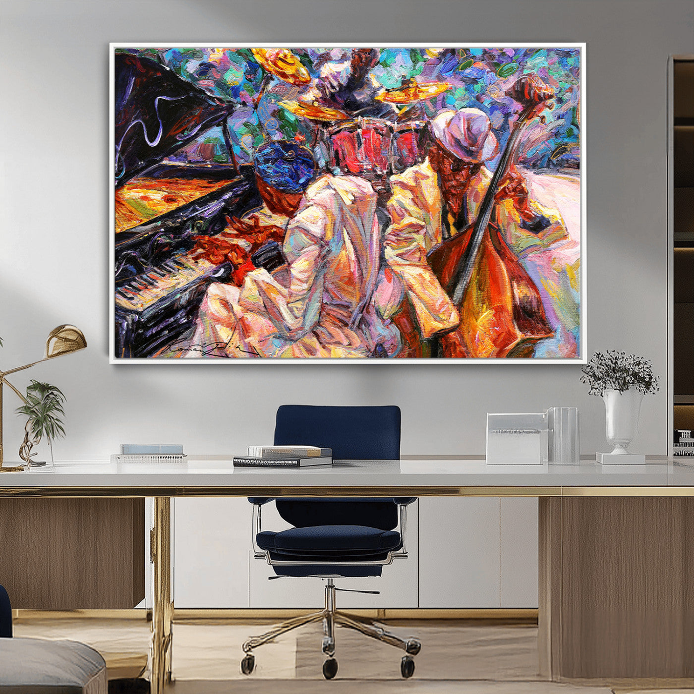 13675-MGV-CV-36X24-Jazz Band Wall Art Canvas Print, Framed Jazz Oil Painting Art Picture Print, Vibrant Music Perfect Abstract Musical Decor Artwork