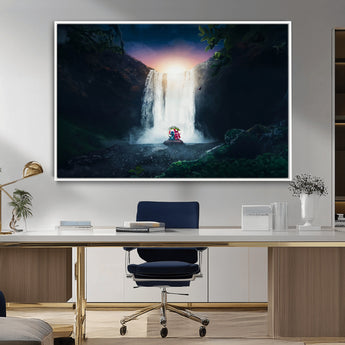 56359-MGV-CV-36X24-Lilo Stitch Wall Art Canvas Print, Framed Stitch Angel Art Picture Print, Cartoon Waterfall Perfect Tropical Fantasy Decor Artwork