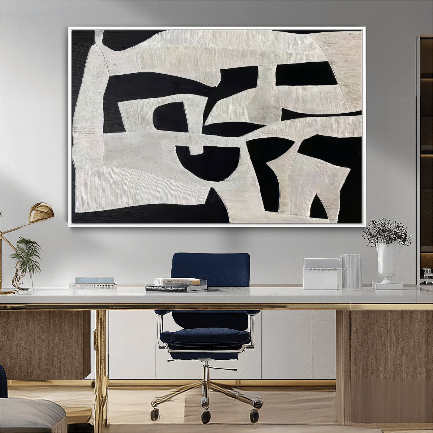 33714-MGV-CV-36X24-Monochrome Design Wall Art Canvas Print, Framed Modern Linework Art Picture Print, Textured Shapes Perfect Monochrome Modern Decor