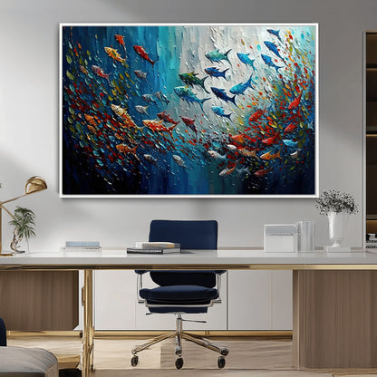 89626-MGV-CV-36X24-Fish Swarm Wall Art Canvas Print, Framed Abstract Ocean Art Picture Print, Underwater Life Perfect Vibrant Coastal Decor Artwork