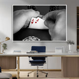 62460-MGV-CV-36X24-Poker Game Wall Art – Close Up of Hands Holding Aces with Chips, Casino Style Decor for Game Room, Man Cave or Office