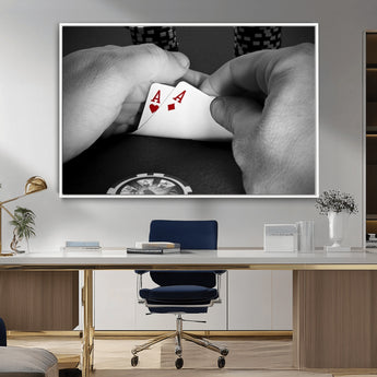 62460-MGV-CV-36X24-Poker Game Wall Art – Close Up of Hands Holding Aces with Chips, Casino Style Decor for Game Room, Man Cave or Office