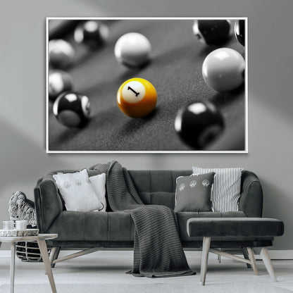 52108-MGV-CV-36X24-Precision Pool Table Wall Art – Close Up Yellow 1 Ball Canvas Print, Hand-Played Billiards Game Decor for Office, Game Room, or