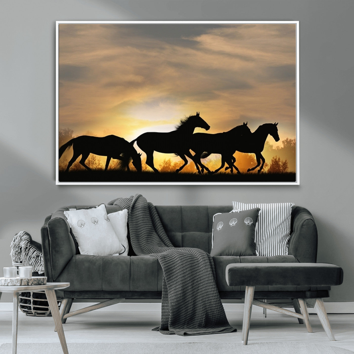 16620-MGV-CV-36X24-Sunset Stallions Wall Art – Silhouetted Horses Running Canvas Print, Nature’s Rhythm, Perfect for Living Room, Office, or Man Cave