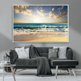 13139-MGV-CV-36X24-Sunrise Beach Wall Art – Ocean Waves and Golden Sand Canvas Print, Coastal Home Decor for Living Room, Bedroom, or Office