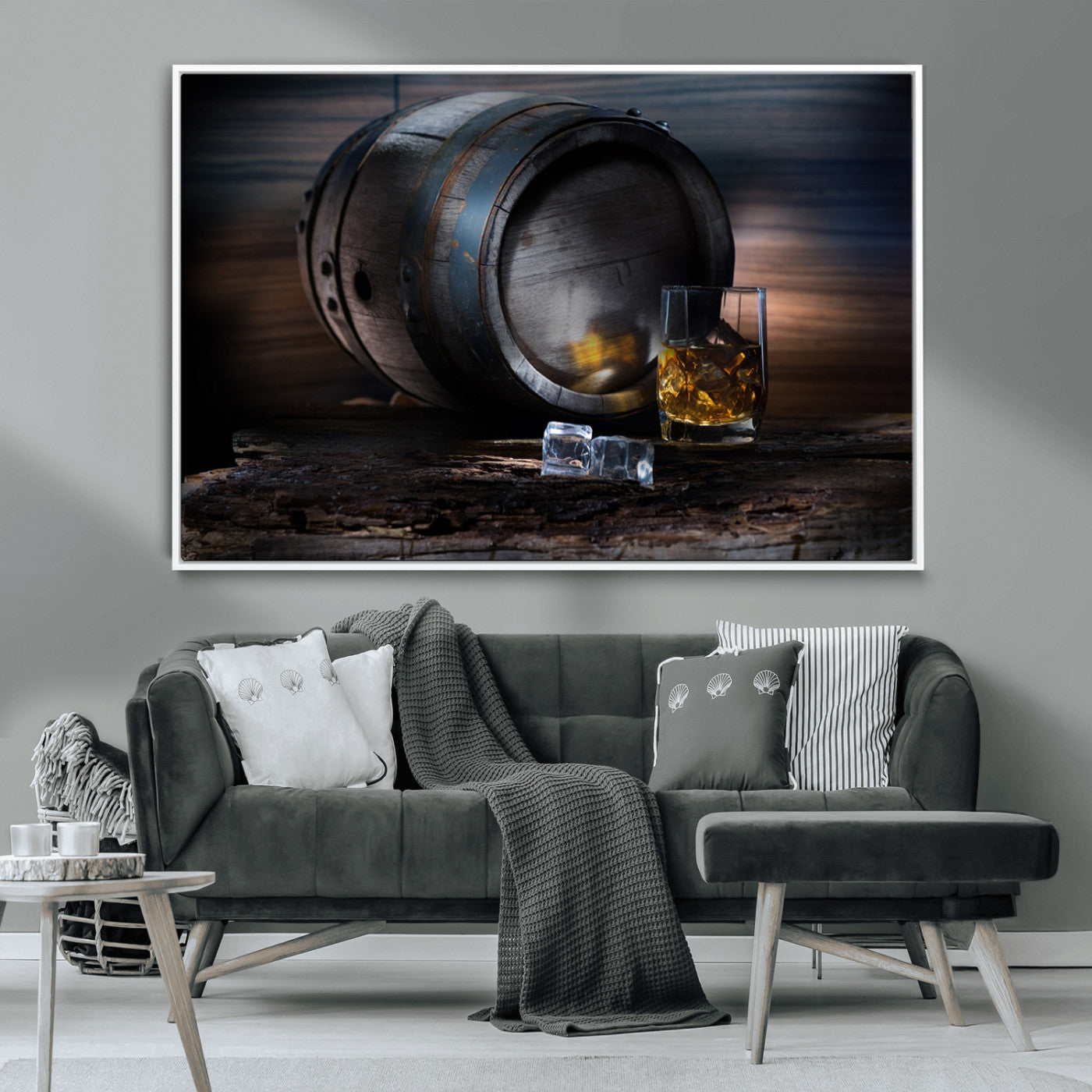 78049-MGV-CV-36X24-Whiskey Barrel Wall Art – Rustic Whiskey Barrel and Glass with Ice Canvas Print, Classic Bar or Lounge Decor for Home, Office, or