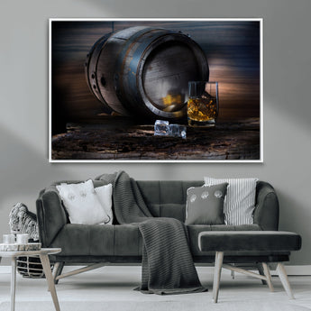 78049-MGV-CV-36X24-Whiskey Barrel Wall Art – Rustic Whiskey Barrel and Glass with Ice Canvas Print, Classic Bar or Lounge Decor for Home, Office, or