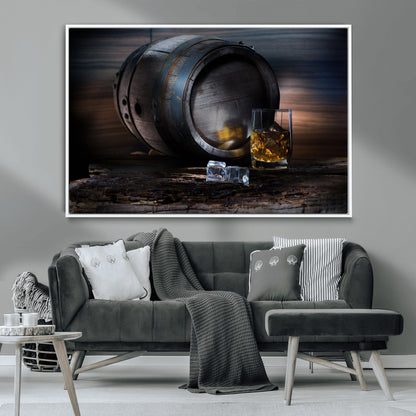 78049-MGV-CV-36X24-Whiskey Barrel Wall Art – Rustic Whiskey Barrel and Glass with Ice Canvas Print, Classic Bar or Lounge Decor for Home, Office, or