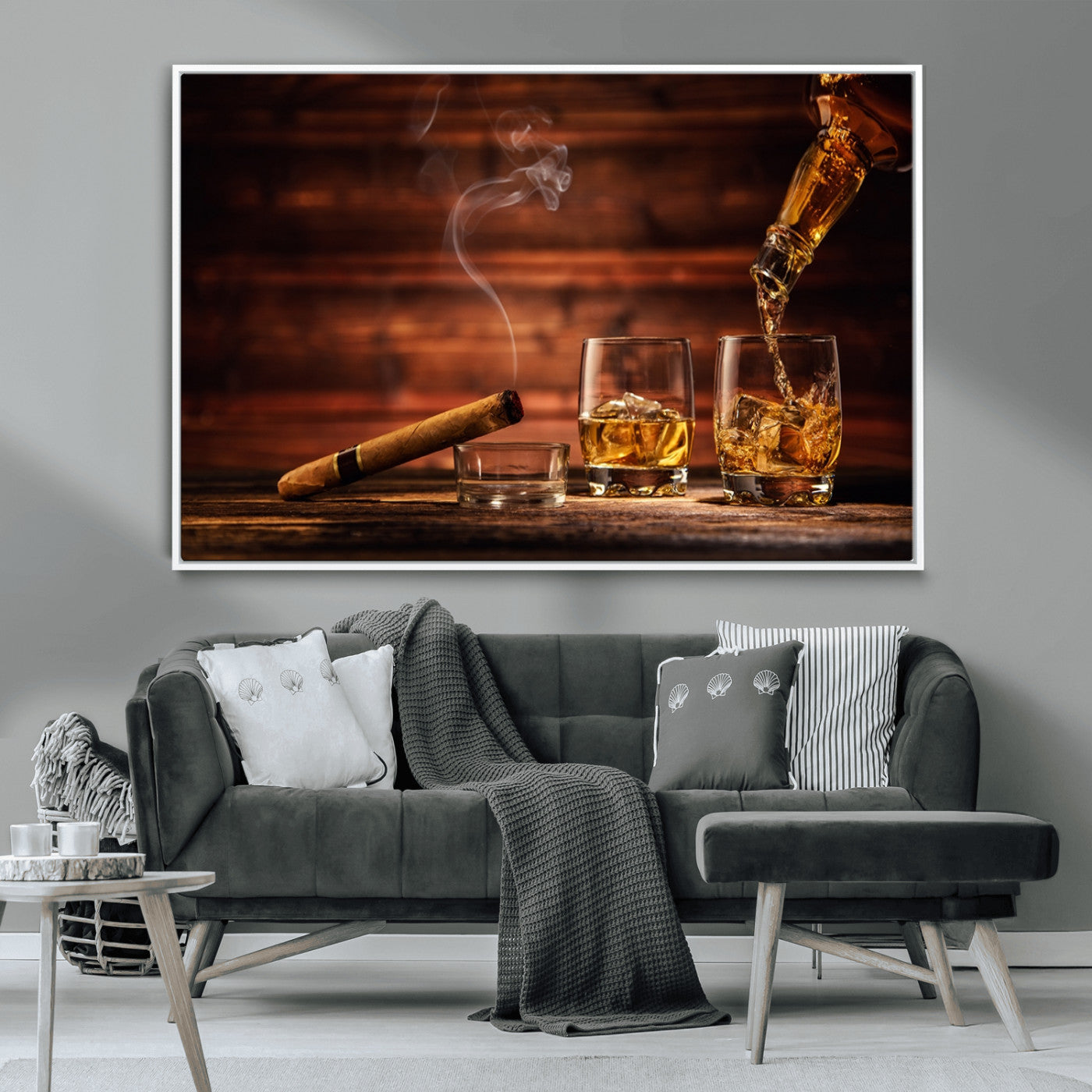 91042-MGV-CV-36X24-Whiskey & Cigar Wall Art – Elegant Whiskey Pour and Smoldering Cigar Canvas Print, Sophisticated Bar or Lounge Decor for Home,