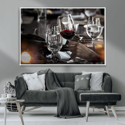 75513-MGV-CV-36X24-Elegant Wine Toast Wall Art – Close-Up Red Wine Glass at Dinner Table Canvas Print, Sophisticated Dining Room or Bar Decor