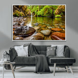 98096-MGV-CV-36X24-Serene River Waterfall Nature Photo – Calm Clear Water, Vibrant Green Forest and Smooth Stones Landscape Wall Art for Home or