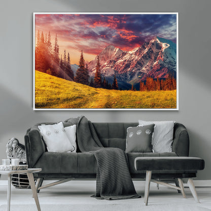 83947-MGV-CV-36X24-Sunset Mountain Landscape Wall Art – Panoramic Alpine Meadow and Snow Capped Peaks Canvas Print, Nature Scenic Decor for Home,