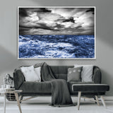 36012-MGV-CV-36X24-Dramatic Stormy Ocean Waves Black and White with Deep Blue Highlights – Moody Seascape Wall Art, Nature Photography Print for Home
